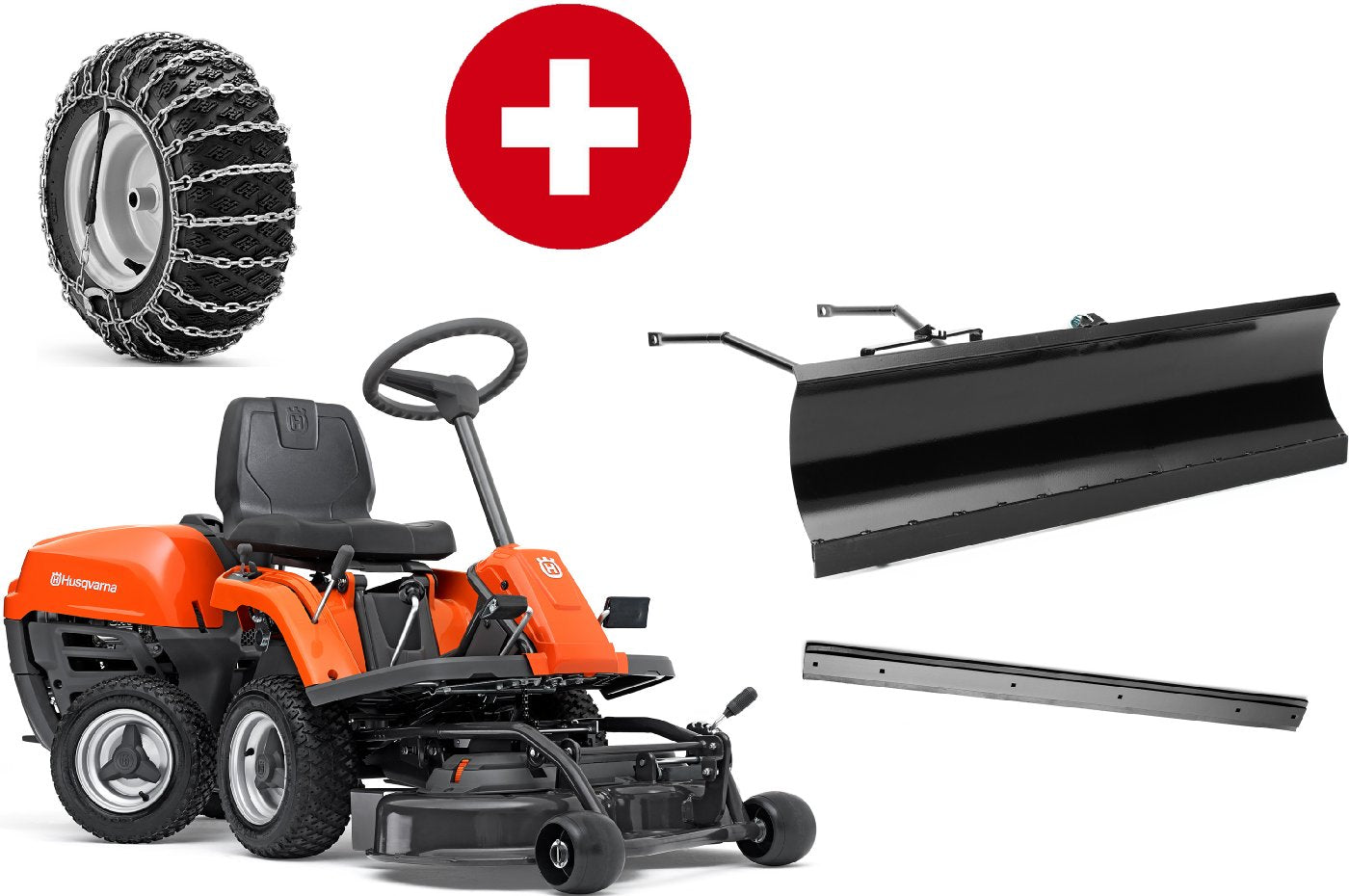 Tondeuse frontale Husqvarna R 112C avec plateau de coupe Combi 85 – pack hiver avec lame à neige, bande de caoutchouc et chaînes à neige – modèle 2025-Neuf